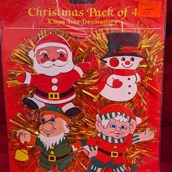 Unopened Package Of 4 Vtg Varied Gold Tinsel Cardboard Christmas Spray Ornament - Picture 3 of 5